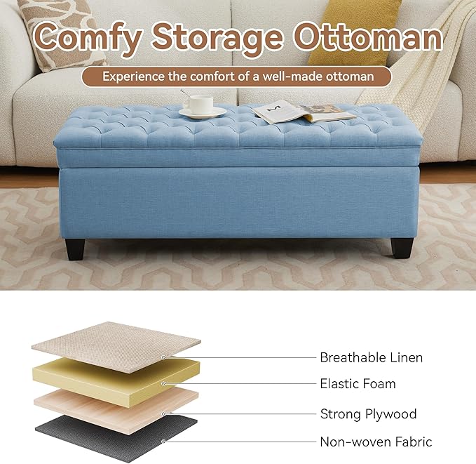 51" Fabric Storage Ottoman Bench, Upholstered Rectangle End of Bed Storage Ottoman Tufted Living Room Bedroom Bench with Safety Hinge, Solid Wood Legs, Loads 500 lb(Light Blue)-PawvioPets