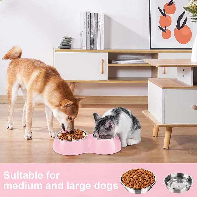 Double Dog Bowls Set – Non-Slip Pet Food & Water Dishes with Resin Stand, Includes Small (1 Cup) & Medium (2 Cups) Bowls – Ideal for Puppies, Cats, and Medium Dogs – Pink-PawvioPets