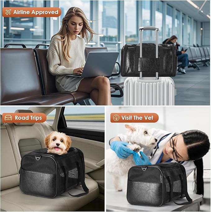 Fashion Leather Dog Carrier, Airline Approved Cat Carrier Soft Sided Pet Bag Carrier Purse for Puppy Kitten Small Animals Black-PawvioPets