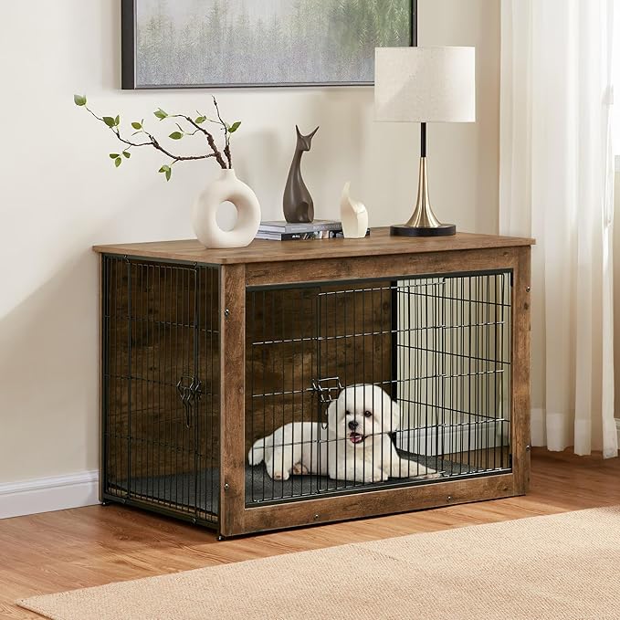 Dog Kennel Furniture, Wooden Dog Crate End Table, Heavy Duty Dog Crate, Decorative Pet Crate Dog Cage for Large Indoor Use (Rustic Brown) 27" L×20" W×23" H-PawvioPets