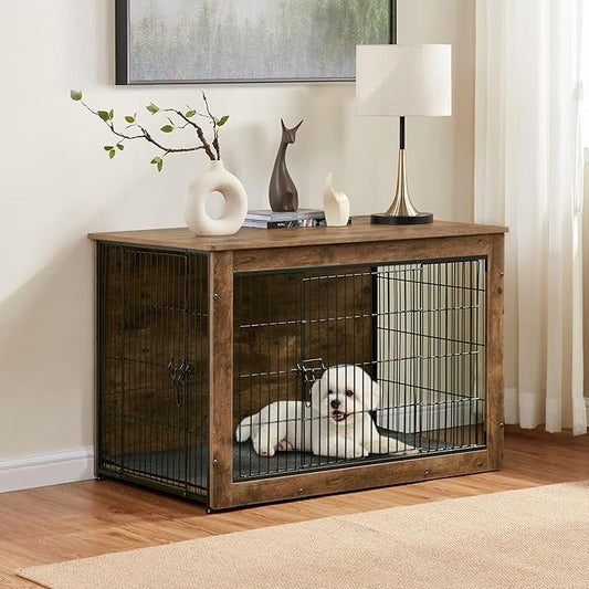 Dog Kennel Furniture, Wooden Dog Crate End Table, Heavy Duty Dog Crate, Decorative Pet Crate Dog Cage for Large Indoor Use (Rustic Brown) 27" L×20" W×23" H-PawvioPets