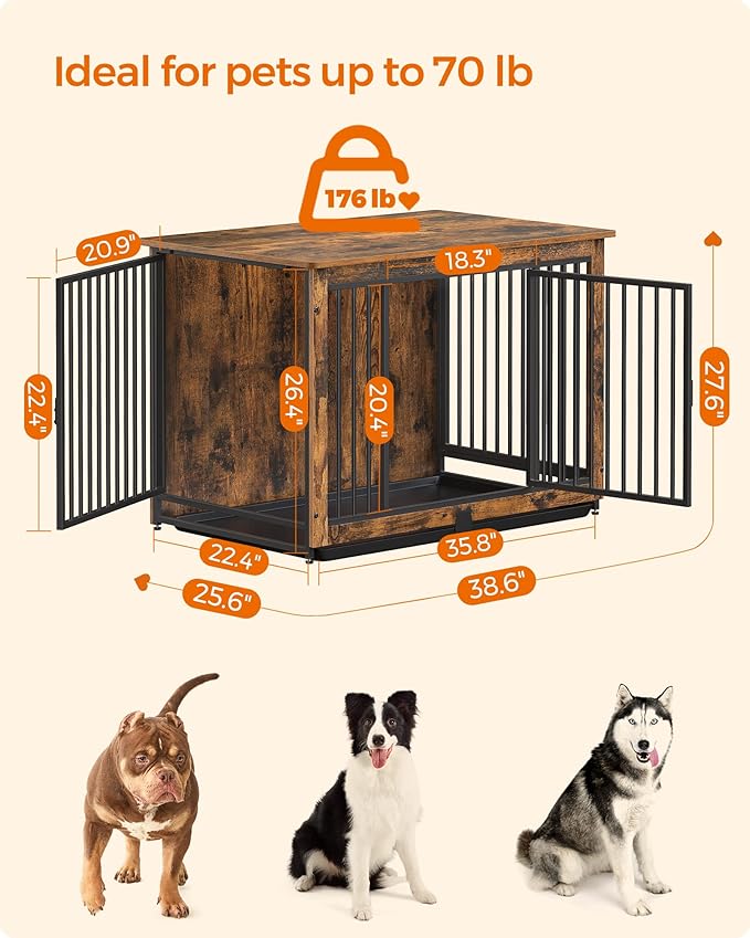 Feandrea Dog Crate Furniture, 38 Inches Dog Kennel for Dogs up to 70 lb, with Removable Tray, Heavy-Duty Dog Cage End Table, Double Doors Dog House, Rustic Brown UPFC013X01-PawvioPets