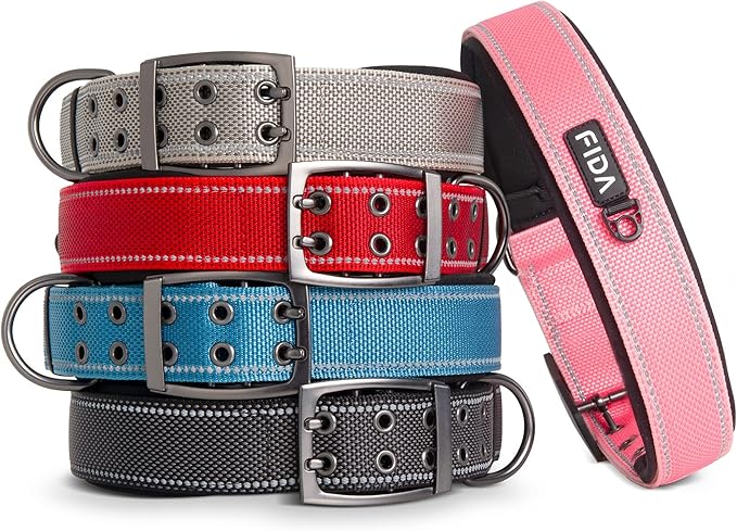 Fida Heavy Duty Dog Collar 1.5” Width, Ultra Soft Neoprene Padded, Adjustable Reflective Nylon Pet Collar with Two Metal Pin Belt Buckle for Large/X-Large Breeds (XL, Pink)-PawvioPets