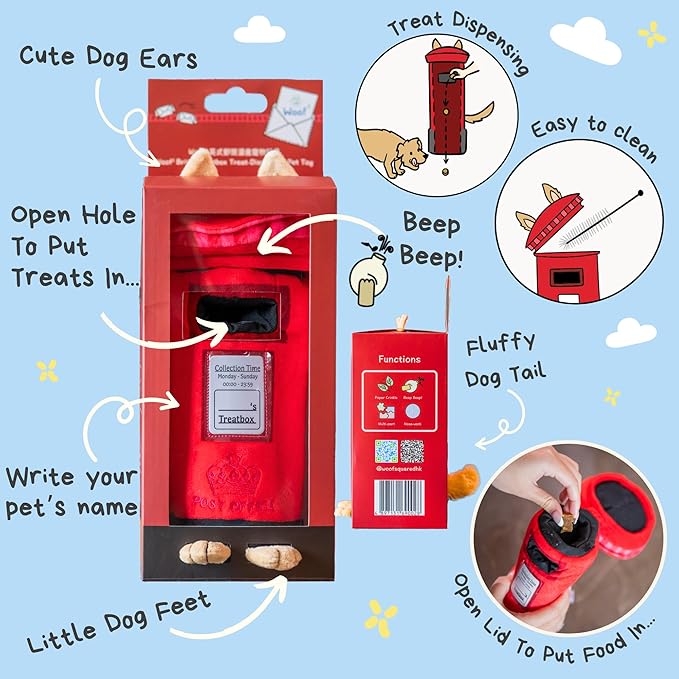 British Postbox Treat-Dispensing Soft Plush Squeaky Pet Toy - Iconic UK Enrichment Gift, Durable Cute & Fun Toy for Interactive Play, Hide Food for Nose-Work Puzzle, Small Medium Dogs-PawvioPets