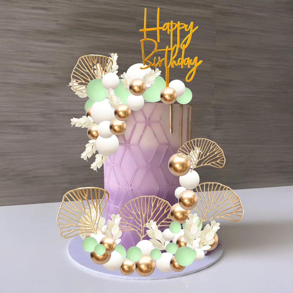 Gyufise 57Pcs Balls Cake Topper Boho Grass Cake topper Pearl Balls Acrylic Happy Birthday Cake Decorations for Wedding Baby Shower Birthday Boho Themed Party Supplies Green