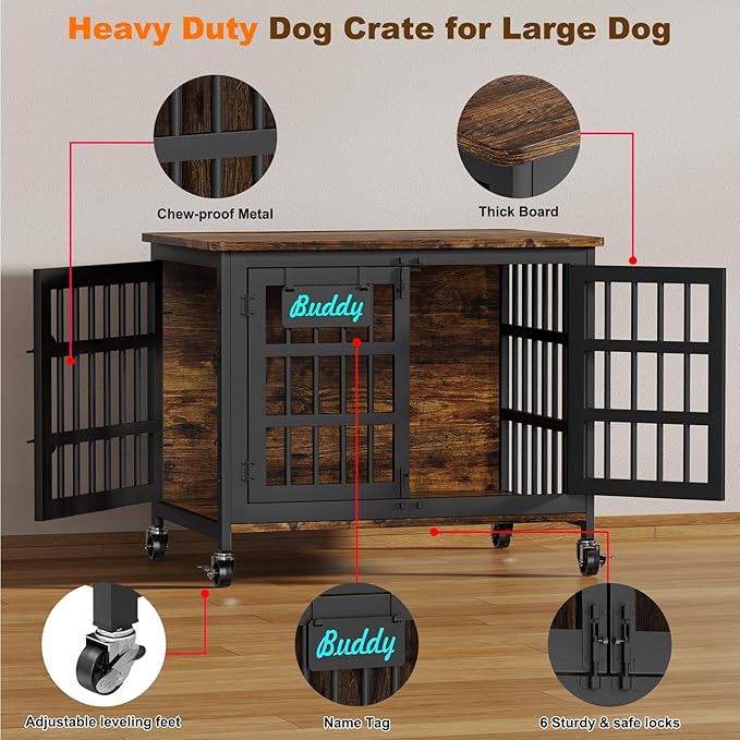 EasyCom 33"/27" Dog Crate Furniture with Name Tag, Heavy Duty Dog Kennel Indoor for Medium and Small Dogs, Double-Doors Sturdy Metal Dog Cage, Decorate House as TV Stand, End Table, Bedside Table-PawvioPets