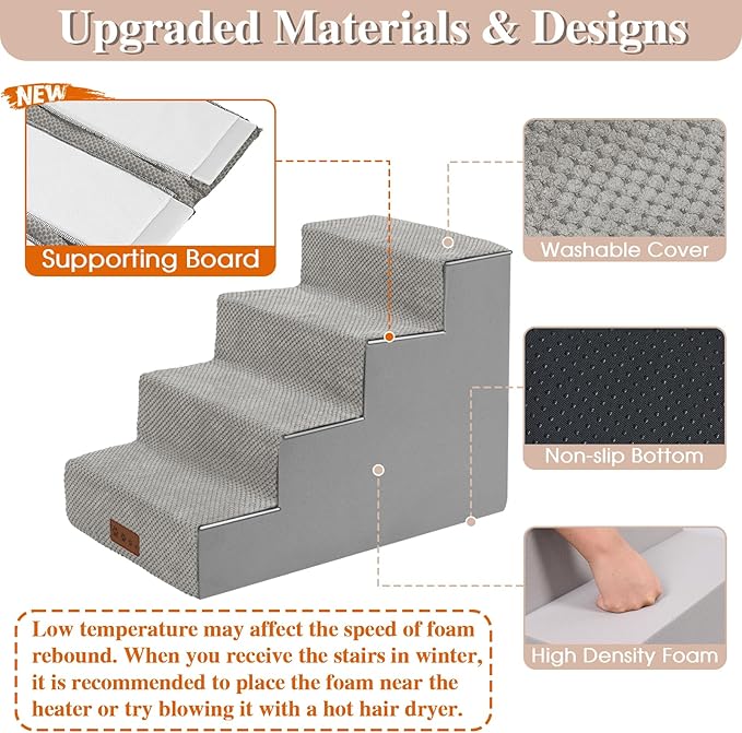 GGIB Non-Slip Pet Stairs for Small Dogs & Cats - 4-Step, Removable Washable Cover, Light Grey, 17" H-PawvioPets