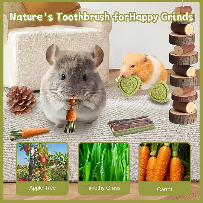 18 PCS Hamster Chew Toys Set, Natural Apple Wood Guinea Pig Toys, Hamster Cage Accessories Include Bridge, Seesaw, Carrot, Timothy Straw Stick Dental Care for Rat Gerbil Chinchilla Rabbits-PawvioPets