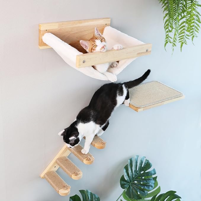 FUKUMARU Cat Wall Furniture, 3 Pack Cats Walls Shelves Set, Solid Rubber Wood Kitten Shelf for Sleeping, Playing, Climbing and Lounging-PawvioPets