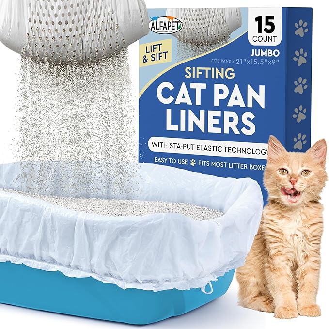 Alfapet Sifting Cat Litter Box Liners - Jumbo 15 Count, Pack of 5 - Tear-Resistant Cat Litter Bags, Waterproof Kitty Litter Liners, Fits Litterbox Pan Sizes X-Large, X-Giant, 37" x 18" 30 lb Capacity-PawvioPets