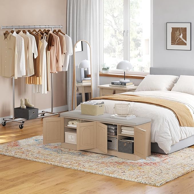 DINZI LVJ Shoe Bench, Entryway Storage Bench with Doors, Cushion, 2-Tier Shoe Rack with 8-Cubby, 47.2”L x 13.8”W Shoe Organizer Cabinet, Adjustable Shelf, Living Room, Bedroom Natural-PawvioPets