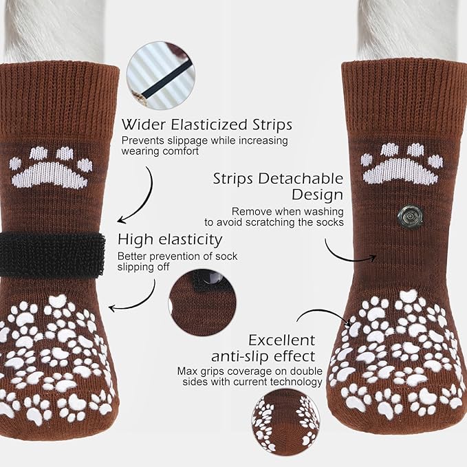 EXPAWLORER Anti Slip Dog Socks to Prevent Licking Paws, Dog Shoes for Hot Pavement, Dog Booties for Small Medium Large Senior Dogs, Traction Control Boots & Paw Protectors for Hardwood Floors Coffee-PawvioPets
