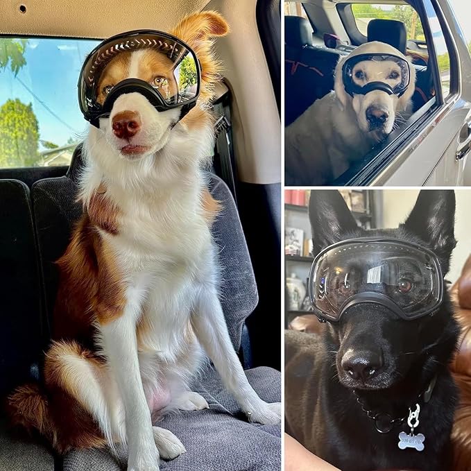 Dog Sunglasses UV Protection Clear Dog Goggles Windproof Glasses with Elastic Straps for Medium-Large Breed, Black Frame + Clear Lens-PawvioPets