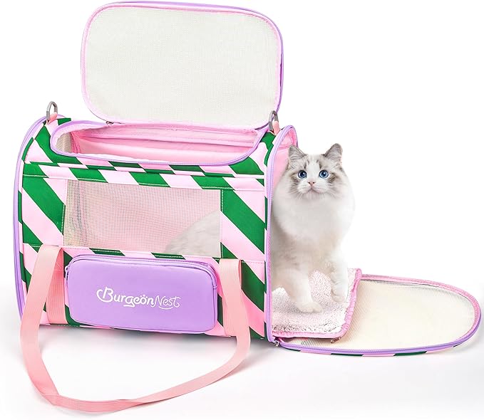 BurgeonNest Cat Carrier, Dog Cat Carriers for Large Medium Cats Under 20 lbs, Soft Sided Pet Carrier, Collapsible Travel Carry Puppy Kitten Cat Carrier with Big Side Bag (Medium, Pink-Green)-PawvioPets