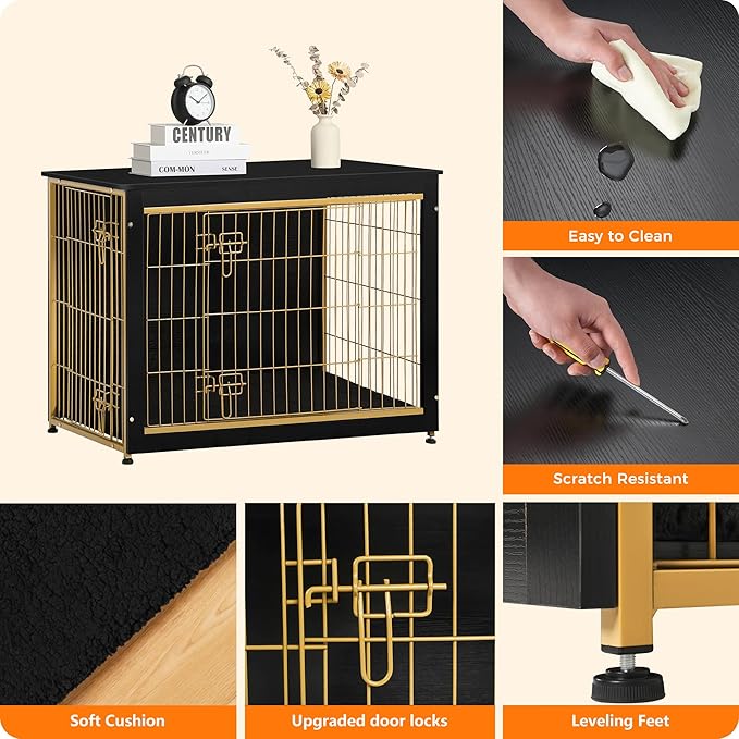 DWANTON Dog Crate Furniture with Cushion, Wooden Kennel Table with Double Doors, Indoor Dog House, Large Size, 38.5" L, Black+Gold-PawvioPets