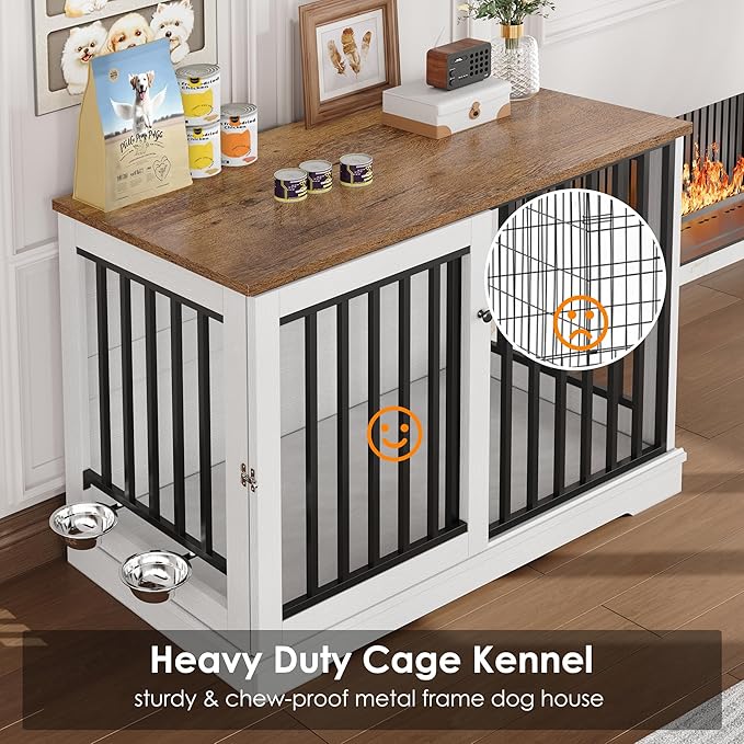 Dog Crate Furniture 47" Large Dog Kennel for Dogs Indoor, Heavy Duty Dog Cage with Sliding Door and 2 SUS Bowls Wooden End Table in Living Room for Small Medium Large Dogs, White-PawvioPets