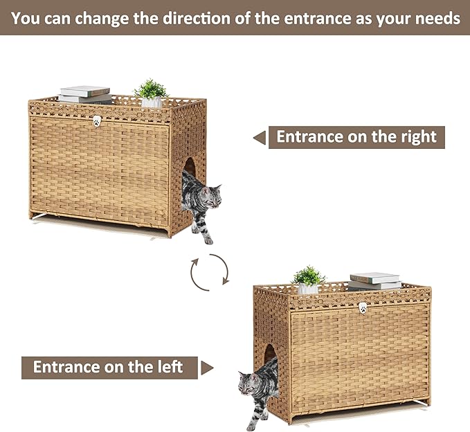 Cat Litter Box Enclosure with Soft Litter Mat; Hidden Cat Washroom Furniture with Door; Handwoven Rattan Kitten House with Large Space; Pet Crate for Living Room, Bedroom, Balcony (Natural)-PawvioPets