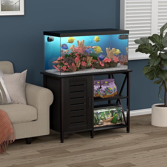 40-50 Gallon Fish Tank Stand, Aquarium Stand with Cabinet Accessories Storage, Heavy Duty Metal Frame, 40.55" L*18.89" W Tabletop, 850LBS Capacity, Black PG02YGB-PawvioPets