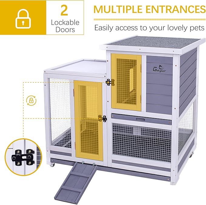 GEGURI Rabbit Hutch, Two-Story Indoor Bunny Cage, Outdoor Guinea Pig Cages for Small Animals with Wheels, Removable Tray-PawvioPets