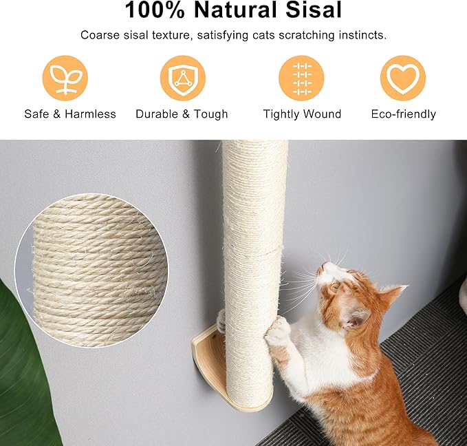 FUKUMARU Cat Wall Scratcher, 28" Wall Mounted Kitten Scratching Post, Sturdy Sisal Climbing Tree for Indoor Cats-PawvioPets