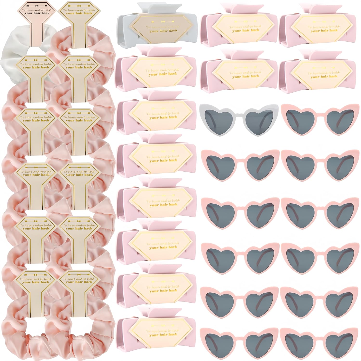 36pcs Bridesmaid Scrunchies Proposal Gifts Bachelorette Hair Claws Clips Girls heart sunglasses for Wedding Party Favors (White&Pink)