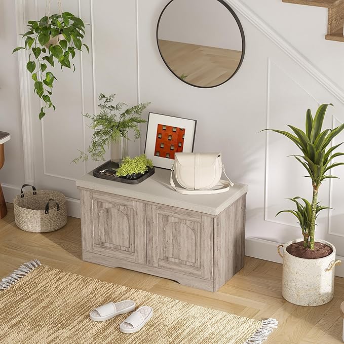 DINZI LVJ Shoe Bench, Entryway Storage Bench with Doors, Cushion, 2-Tier Shoe Rack with 6-Cubby, 31.5”L x 13.8”W Shoe Organizer Cabinet, Adjustable Shelf, Living Room, Bedroom, Greige-PawvioPets