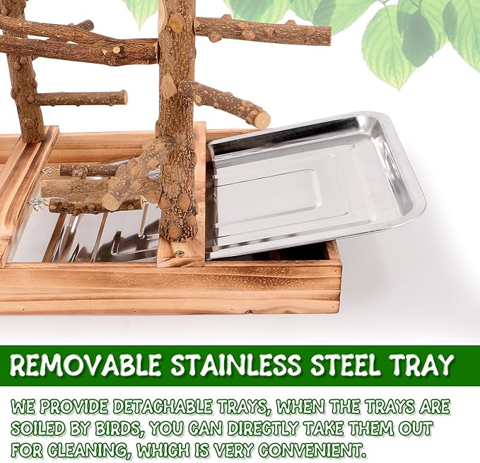 Bird Playground - Natural Wood Bird Perch Stand with Removable Tray and 2 Stainless Steel Cups-PawvioPets