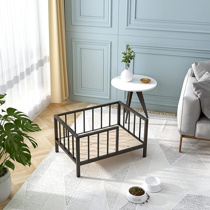 Dog Bed with Rails - Elevated Pet Metal Bed Frame with Solid Wood Board and Washable Soft Mat for Small Dog Indoor or Outdoor Use, 21.3" x 30", Black-PawvioPets