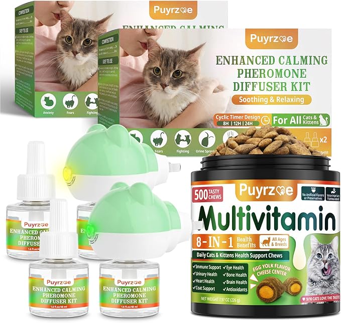Cat 6-in-1 Calming Diffuser + Multivitamin 500 Chews for Cats – Stress Relief, Immune, Skin & Coat, Digestion, Brain & Bone Health for All Cats, 2 Diffusers + 4 Refills-PawvioPets