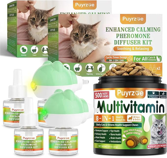 Cat 6-in-1 Calming Diffuser + Multivitamin 500 Chews for Cats – Stress Relief, Immune, Skin & Coat, Digestion, Brain & Bone Health for All Cats, 2 Diffusers + 4 Refills-PawvioPets