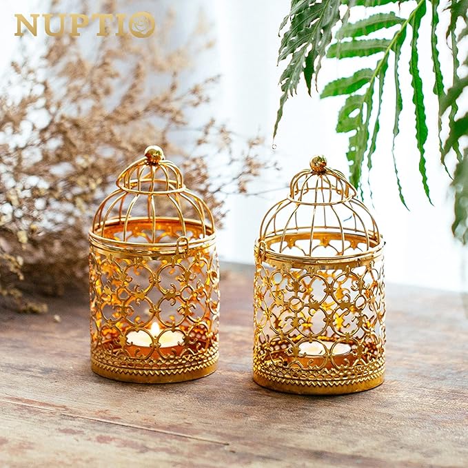 6 Pcs Small Metal Tealight Hanging Birdcage Lantern, Vintage Decorative Centerpieces of Wedding, Party, Gold-PawvioPets