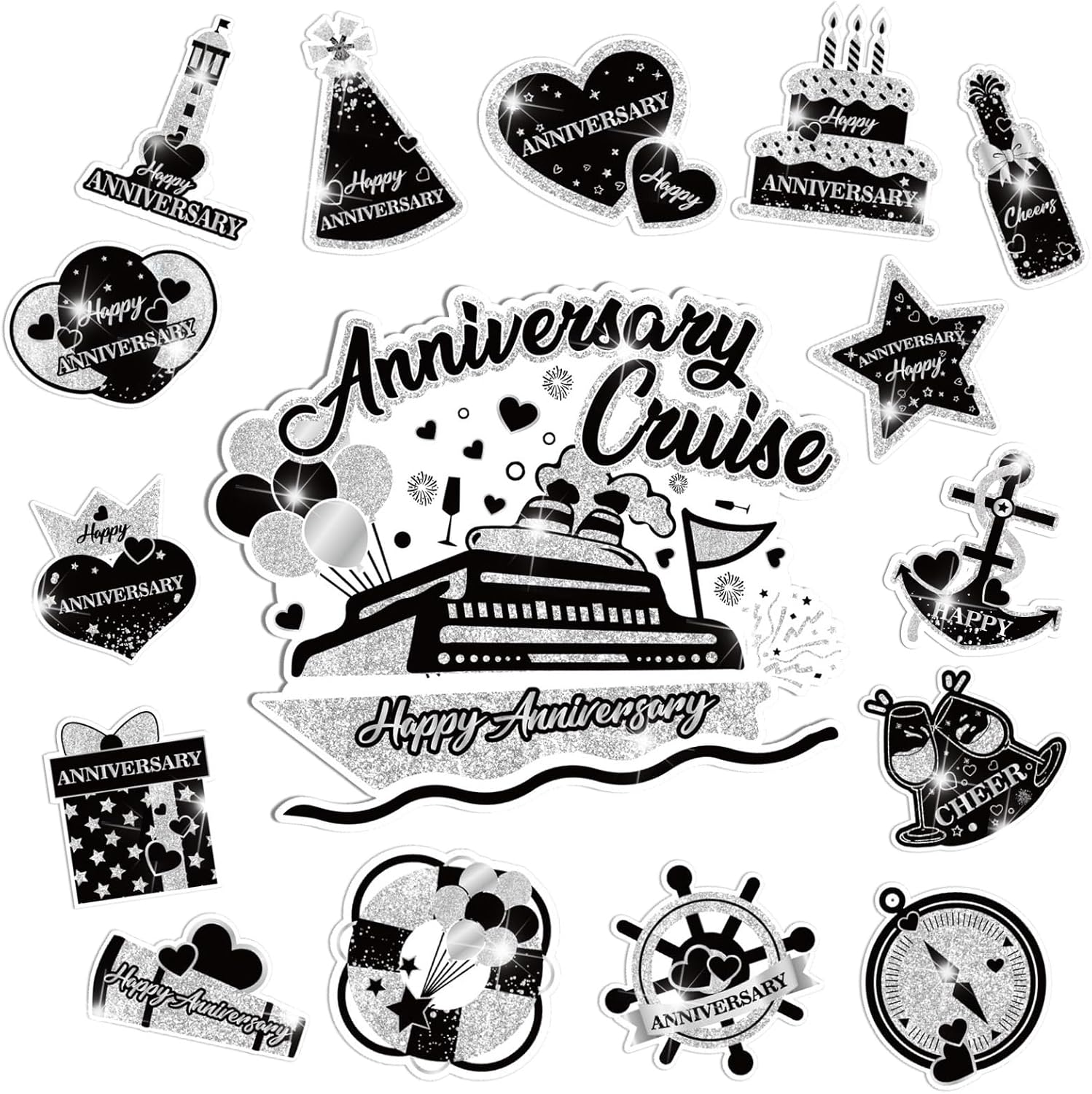 Happy Anniversary Cruise Door Magnets Decorations,Black Silver Happy Anniversary Cruise Ship Door Decor Magnetic for Married Men Women Wedding Party Refrigerator Fridge Car Kitchen Garage Personalized