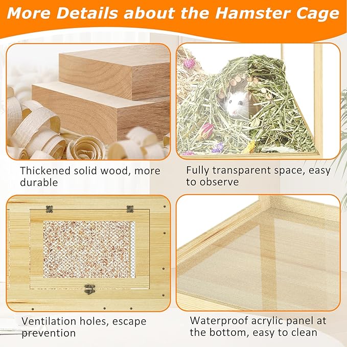 32" Hamster Habitat Enclosure, Lockable Sliding Door Gerbil Cage, Dwarf Hamster Cage with Metal Mesh Roof, Chewproof Syrian Hamster Cage for Mice, Small Animal, (Wooden, 32" L x 16" W x 16" H)-PawvioPets