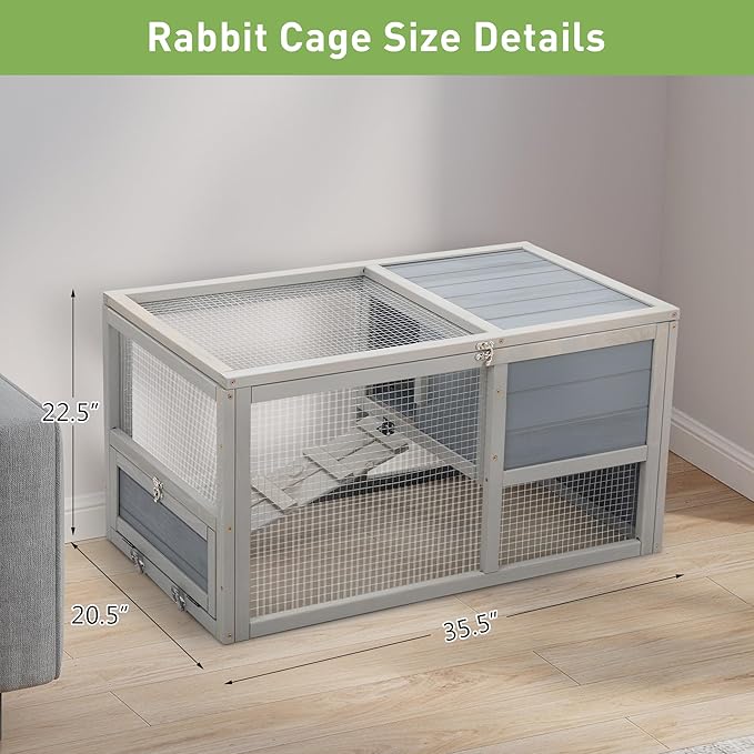 COZIWOW Wooden 36Inches Rabbit Hutch Outdoor with Wheels Bunny Cage Indoor Rabbit Cage with Clean Tray, Openable Roof, Anti-Slip Ramp for Small Bunny (Grey with Pattern)-PawvioPets
