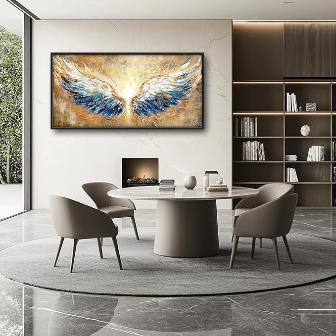 Extra Large Angel Wings Framed Wall Art for Living Room,Oversized Golden Wings Pictures Wall Decor,Holy Gold Blue Canvas Print Painting Modern Artwork Bedroom Office Bathroom 60L" x 30W"-PawvioPets