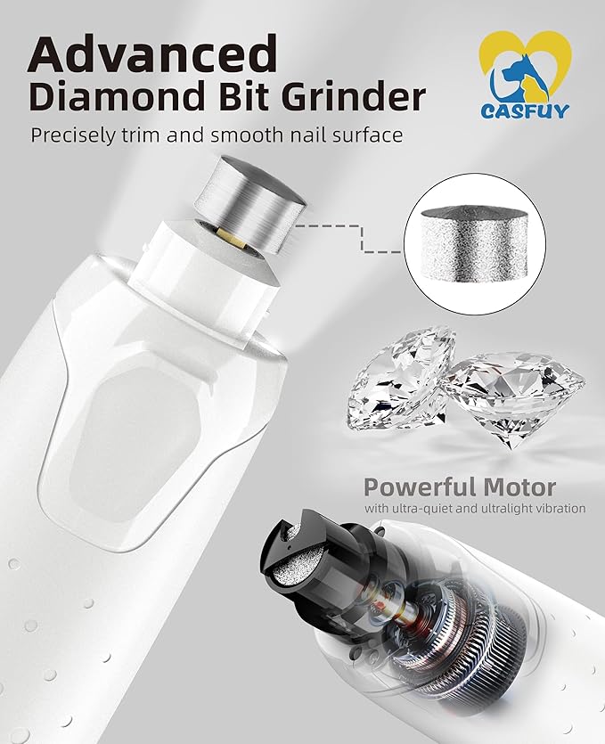 Casfuy Dog Nail Grinder Quiet - (45db) 6-Speed Pet Nail Grinder with 2 LED Lights for Large Medium Small Puppy Dogs/Cats, Professional 3 Ports Rechargeable Electric Dog Nail Trimmer with Dust Cap-PawvioPets
