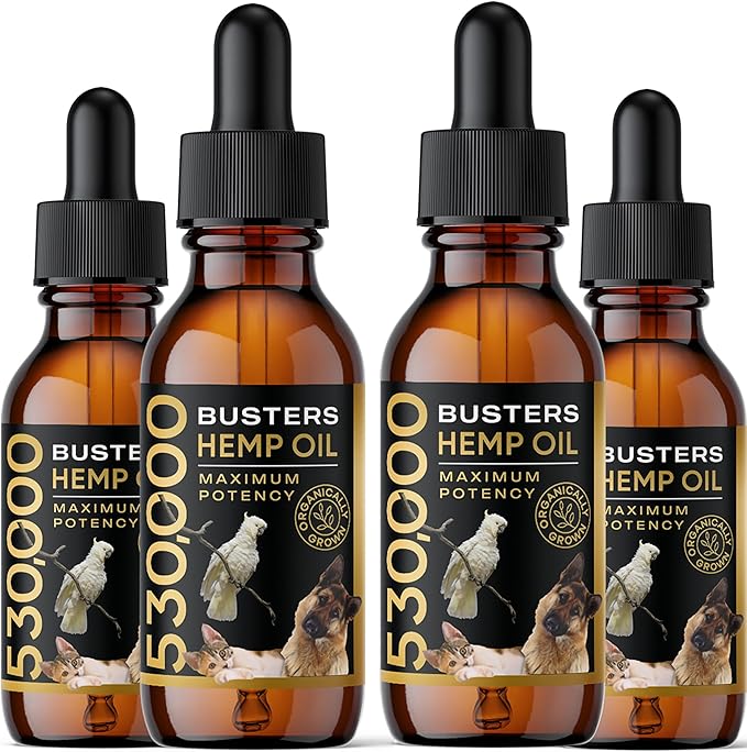 Buster's Organic Hemp Oil 530,000 4Pack-4month Supply for Dogs & Cats - Max Potency - Made in USA - Omega Rich 3, 6 & 9 - Hip & Joint Health, Natural Relief, Calming Drops-PawvioPets