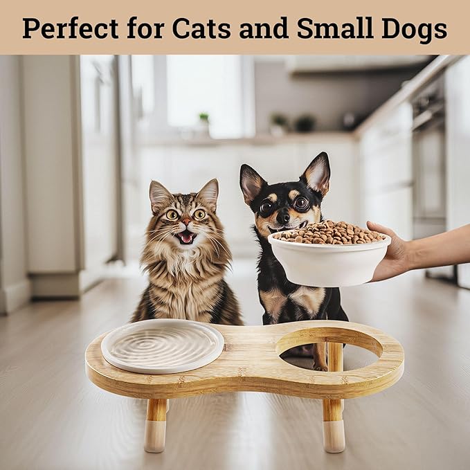 Elevated Cat Bowls - Set of 2 Ceramic Pet Food Bowls with Anti-Slip Bamboo Stand - 15 Degree Titled - Raised Dog Bowl for Small Dogs - Raised Cat Bowl Stand - Pet Feeding Station for Cats & Small Dogs-PawvioPets