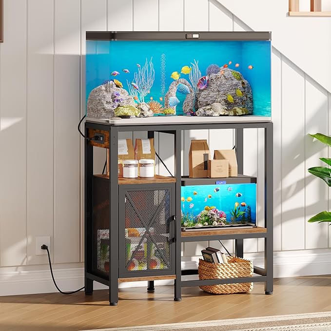 20-37 Gallon Fish Tank Stand, Aquarium Stand with Power Outlet and Storage Cabinet, Heavy Duty Tank Stand Suitable for Turtle Tank, Reptile Terrarium, for Home Office, Rustic Brown FTHR40E01-PawvioPets