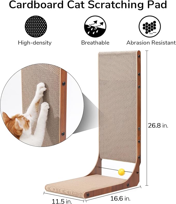 FUKUMARU Cat Scratcher, 26.8 Inch Cat Scratch Pad for Indoor Cats, L Shaped Cardboard Vertical Cats Scratching Board with Ball Toy, Walnut Color, 2 Packs-PawvioPets