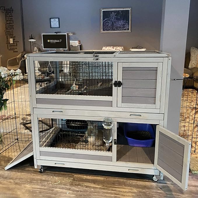Aivituvin Rabbit Hutch Rabbit Cage Outdoor & Indoor on Wheels Bunny cage with Deep No Leak Pull Out Tray,Upgrade Version (Gray)-PawvioPets