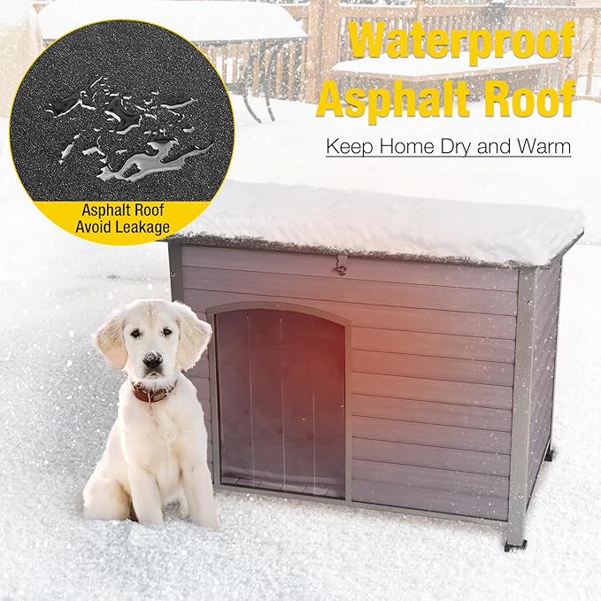 Aivituvin Dog House with Insulated Liner, Outdoor Indoor Weatherproof Dog House for Winter, Suitable for Small & Medium & Large Dogs with Unique All-Around Iron Frame(Grey)-PawvioPets