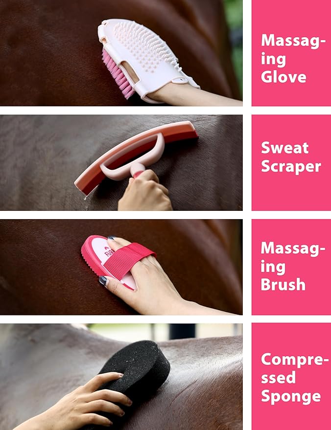 11PCS Horse Grooming Kit Curry Comb Sweat Scraper Horse Bathing Supplies Grooming Tools with Storage Bag Pink Garnet-PawvioPets