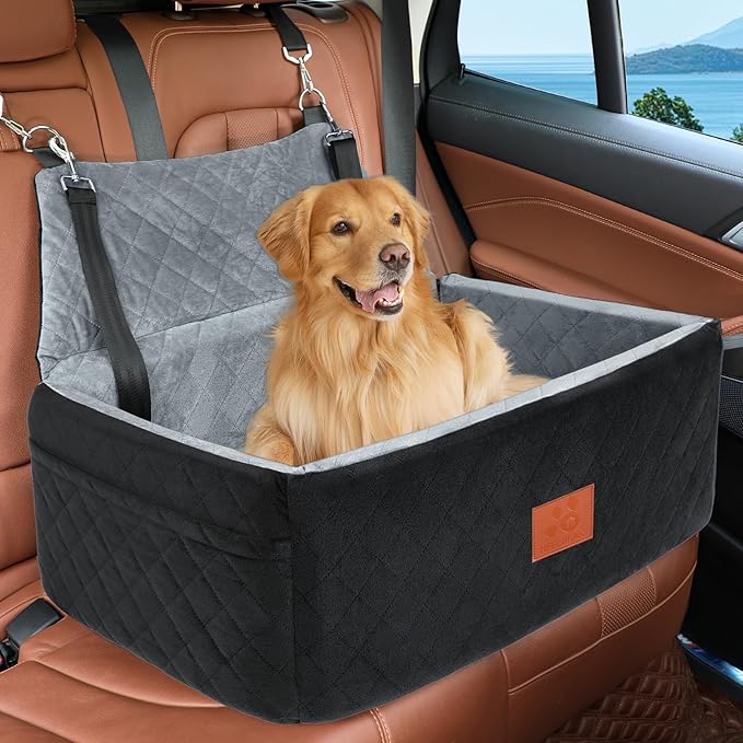 Dog Car Seat for Large Medium Dogs,Washable Pet Carseat Under 55 lbs or 2 Small Dogs,Dog Booster Seat Travel Bed with Thick Cushion,2 Safety Leashes-PawvioPets