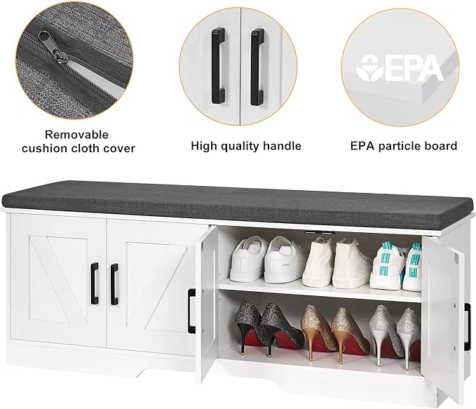 2-Tier Storage Bench, Shoe Bench with Padded Seat Cushion, Entryway Bench with 4 Barn Doors, Adjustable Shelf, 13.8" D x 47.2" W x 17.7" H, for Entryway, Living Room, Bedroom, White-PawvioPets