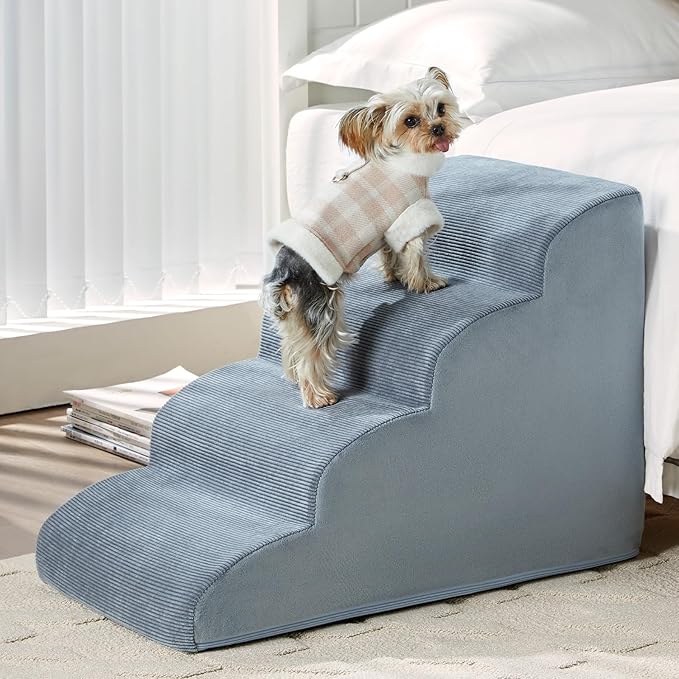 Dog Steps for Bed, 4-Steps Dog Ramp for Bed, Pet Stairs with Highly Supportive Foam and Non-Slip Bottom, Dog Stairs for Large Dogs and Medium Dogs (High 19.7 Inch), Grey-PawvioPets