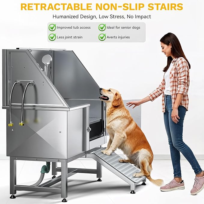 DWVO Professional Pet Dog Bathing Station for Grooming, 50'' Dog Grooming Bathtub with Right Ramp, Floor Grate, Faucet, Showerhead & Soap Holder for Large, Medium & Small Pets-PawvioPets