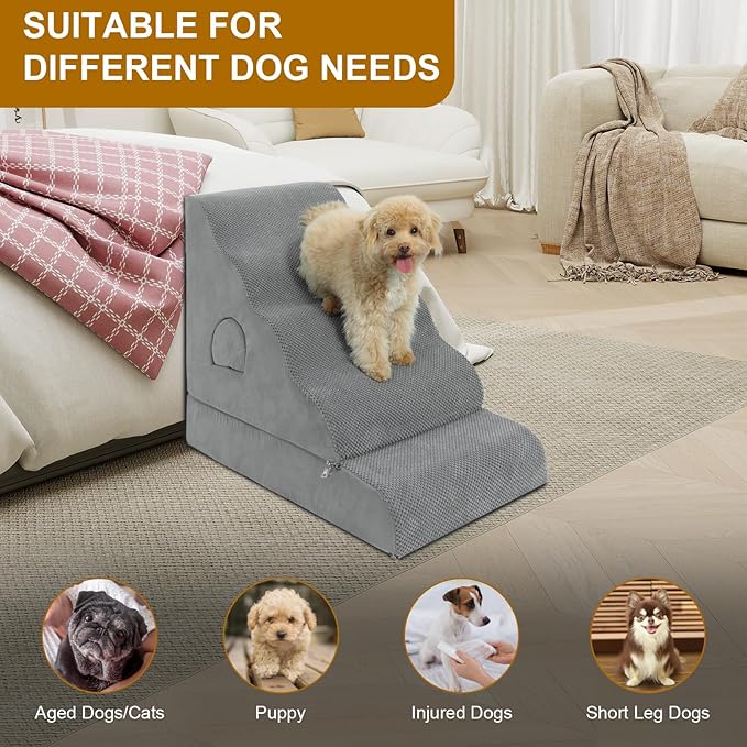 Dog Stairs for Small Dogs 24.6" H, 5-Step Dog Steps for High Bed, High-Density Foam Curved Pet Stairs with Non-Slip Removable Washable Cover to Get on Bed-PawvioPets