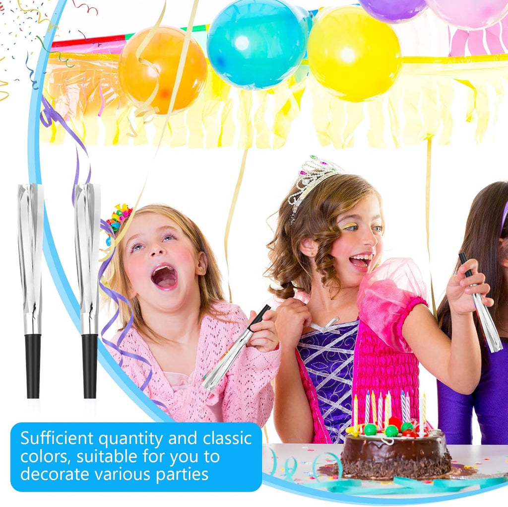 24 Pcs Noise Makers Glitter Metallic Fringed Noise Makers Horns for Baby Shower, Kids Birthday, New Year Party Favor - Silver