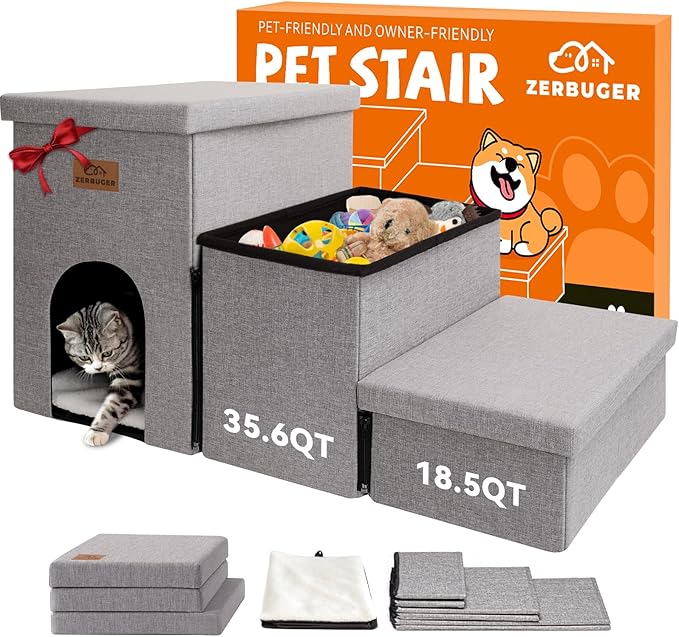 Dog Stairs 18" H, 3-Step Wider Dog Steps for High Beds Couch, Folding Storage Pet Stairs Gift for Small/Medium/Large Old Dogs Cats, Ramp for Climbing Car Up to 200 lbs, (Gray, with Condo)-PawvioPets